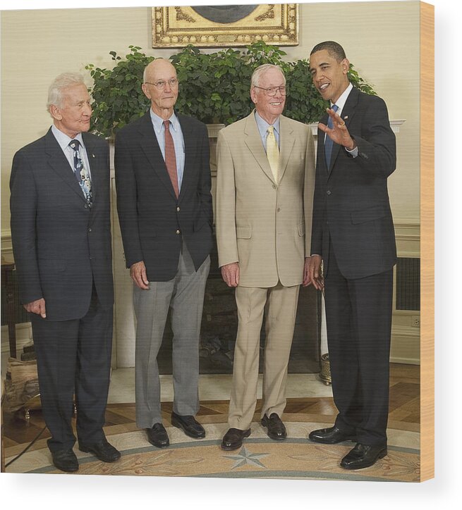 Barack Obama Wood Print featuring the photograph President Obama Meets Apollo 11 Crew by Science Source