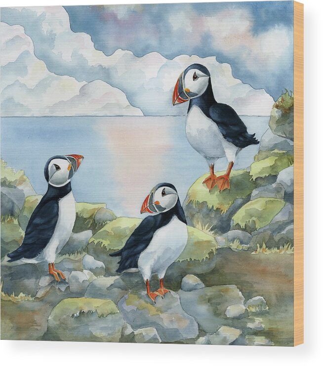 Puffins On Cliff Wood Print featuring the painting Puffins On Cliff by Tracy Miller