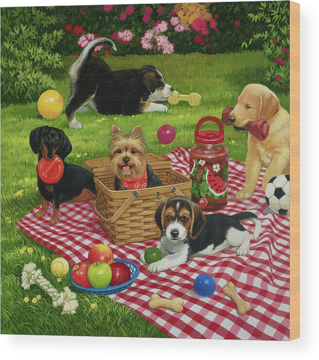 Puppies Wood Print featuring the painting Puppy Picnic by William Vanderdasson