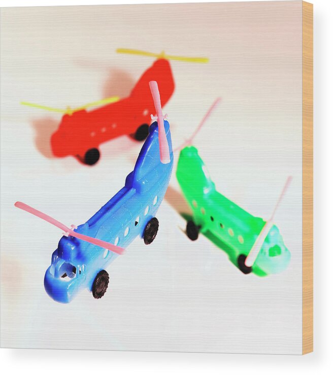 Air Travel Wood Print featuring the drawing Red, Blue and Green Helicopters by CSA Images