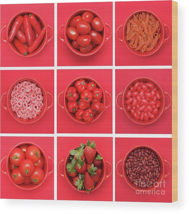Cherry Wood Print featuring the photograph Red Fruit And Vegetables Arranged In by Sarah Saratonina