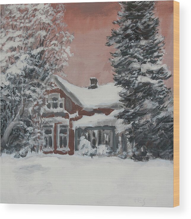 Hans Egil Saele Wood Print featuring the painting Red House in Winter Garden by Hans Egil Saele