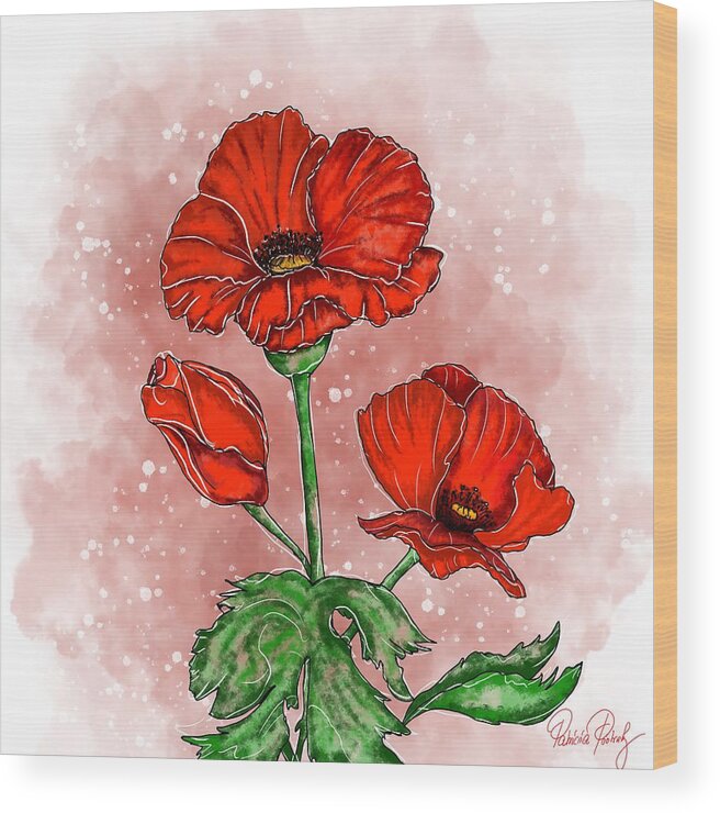 Papaver Rhoeas Wood Print featuring the painting Red Poppy Flower by Patricia Piotrak