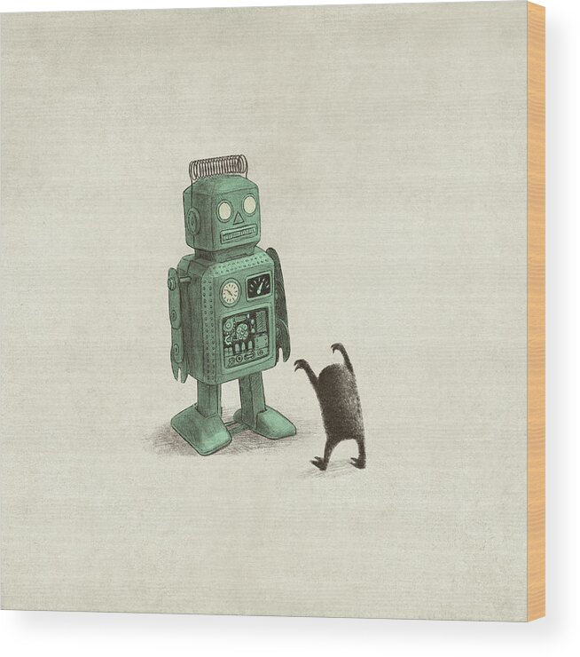 Vintage Wood Print featuring the drawing Robot Vs Alien by Eric Fan
