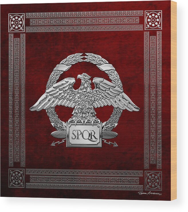 ‘treasures Of Rome’ Collection By Serge Averbukh Wood Print featuring the digital art Roman Empire - Silver Roman Imperial Eagle over Red Velvet by Serge Averbukh