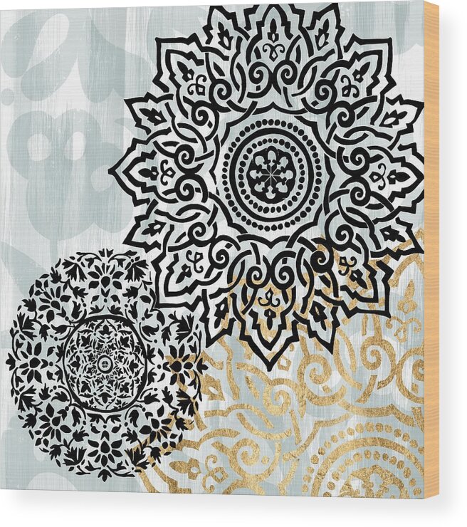 Decorative Elements Wood Print featuring the painting Rosettes On Aqua I by Studio W