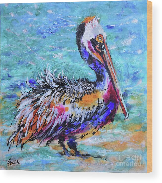 Pelican Wood Print featuring the painting Ruffled Pelican by Jyotika Shroff