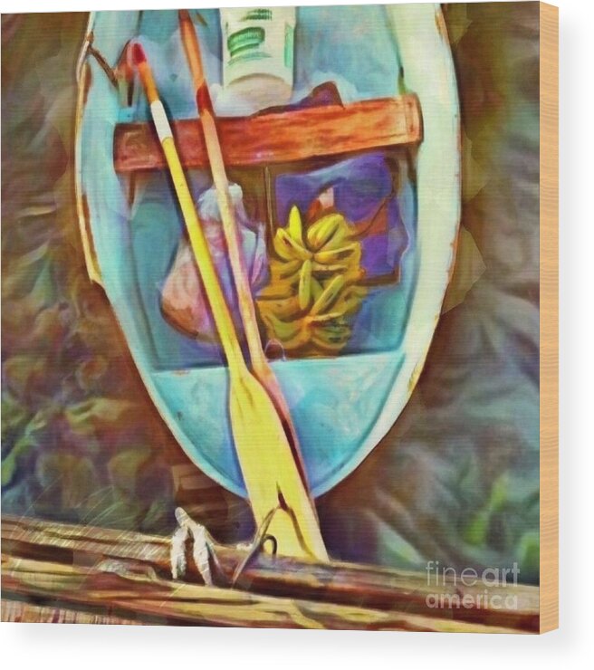 Sharkcrossing Wood Print featuring the painting S Rowboat with Banana Bunch - Square by Lyn Voytershark