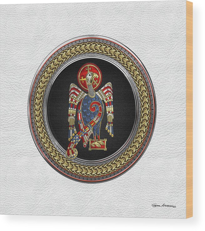 ‘celtic Treasures’ Collection By Serge Averbukh Wood Print featuring the digital art Sacred Celtic Eagle over Gold Silver and Black Medallion on White Leather by Serge Averbukh