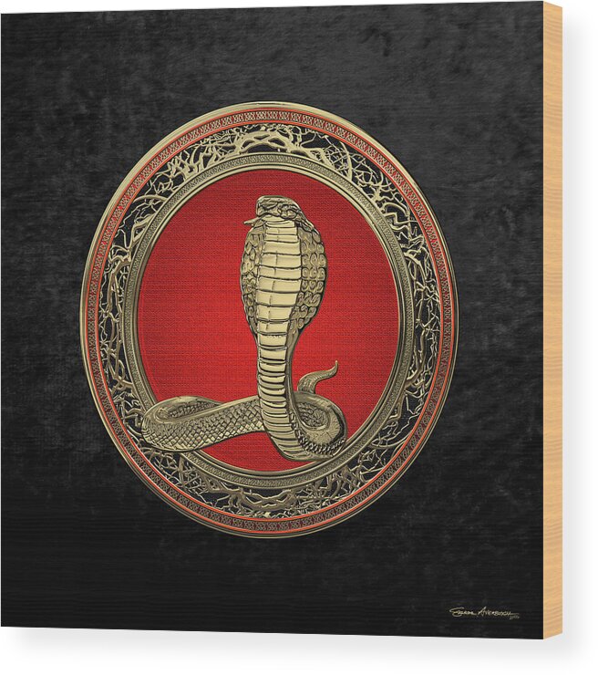 'beasts Creatures And Critters' Collection By Serge Averbukh Wood Print featuring the digital art Sacred Gold King Cobra on Black Canvas by Serge Averbukh