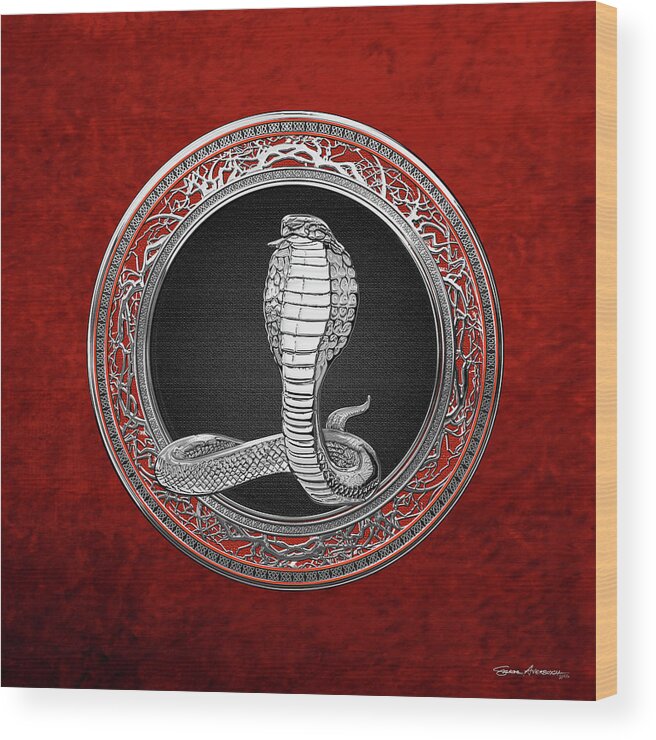 'beasts Creatures And Critters' Collection By Serge Averbukh Wood Print featuring the digital art Sacred Silver King Cobra on Red Canvas by Serge Averbukh