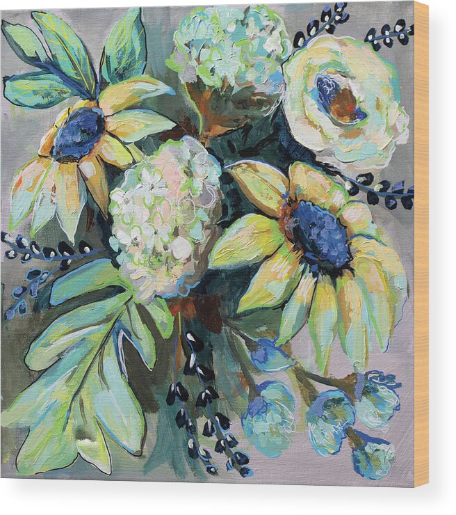 Blue Wood Print featuring the painting Sage And Sunflowers II by Jeanette Vertentes