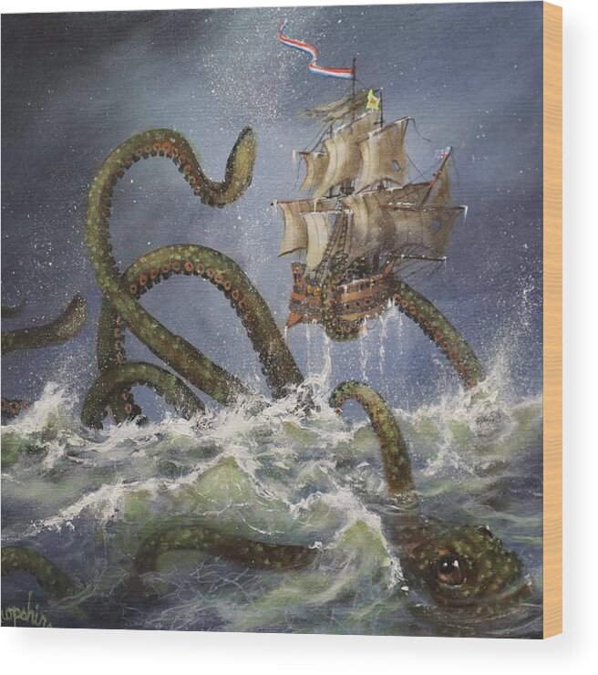 Kraken Wood Print featuring the painting Sea Monster by Tom Shropshire