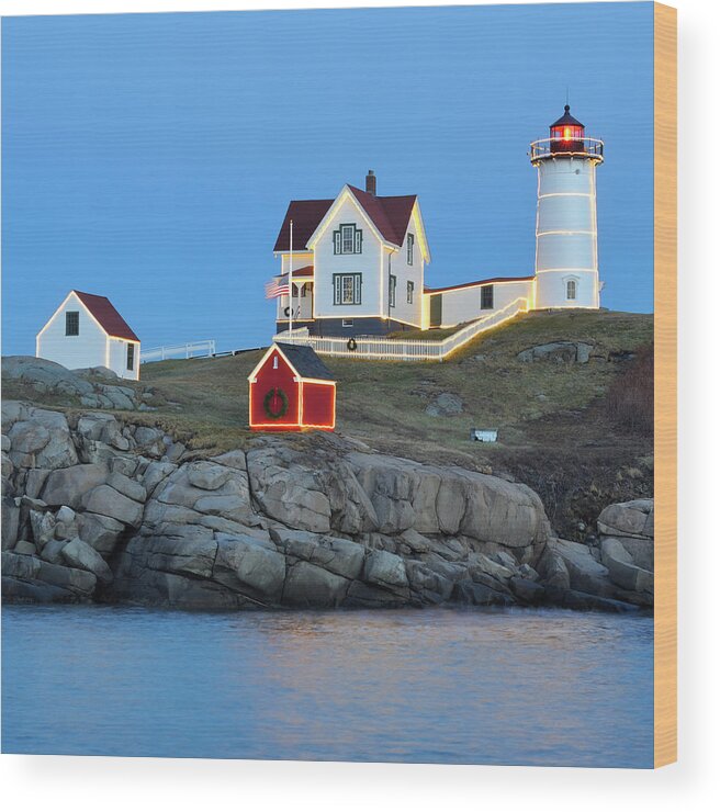 Nubble Lighthouse Wood Print featuring the photograph Season's Greetings from The Nubble by Luke Moore