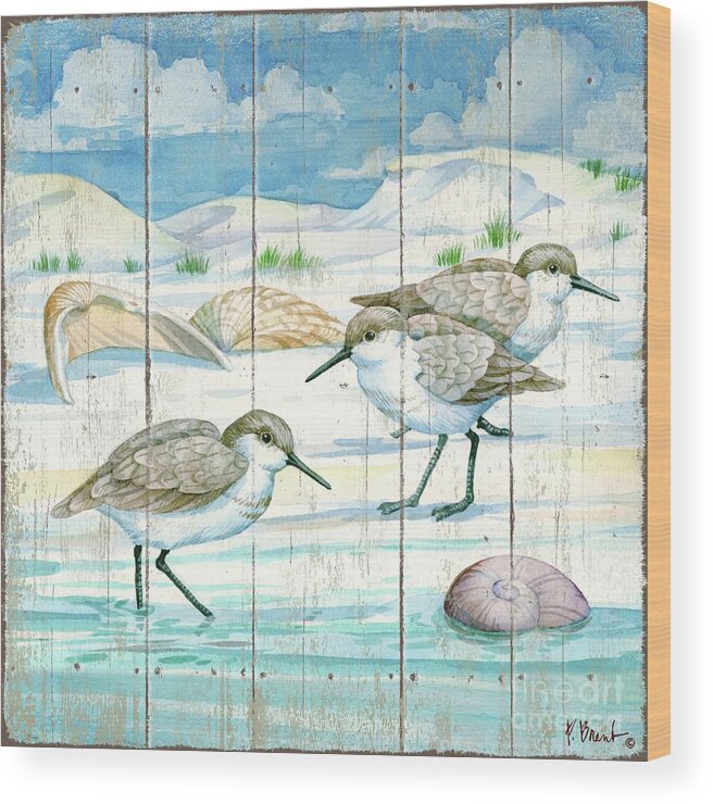 Beach Wood Print featuring the painting Shoreline Sandpipers I by Paul Brent
