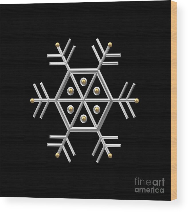 Silver And Gold Snowflake 2 At Midnight Wood Print featuring the digital art Silver and Gold Snowflake 2 at Midnight by Rose Santuci-Sofranko