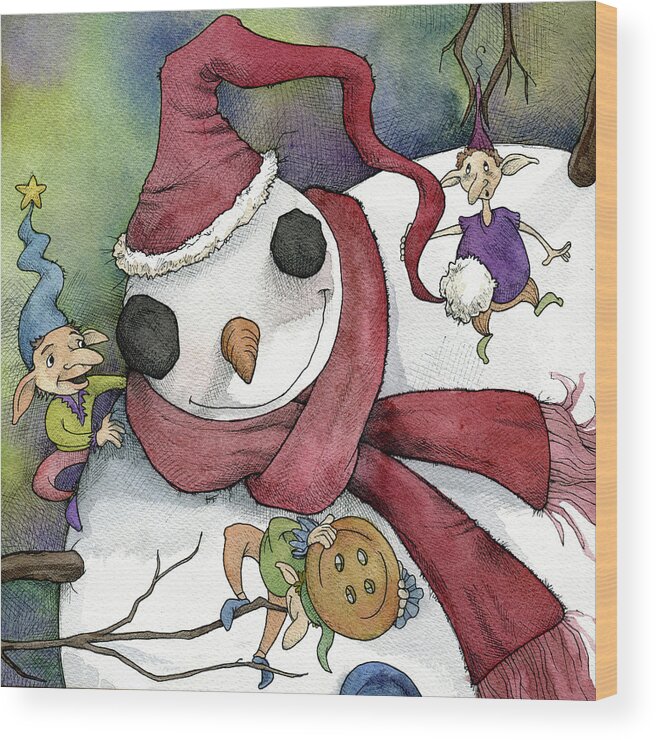 Christmas Snowman Wood Print featuring the painting Snowman And Elves by Kory Fluckiger