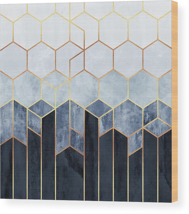 Graphic Wood Print featuring the digital art Soft Blue Hexagons by Elisabeth Fredriksson