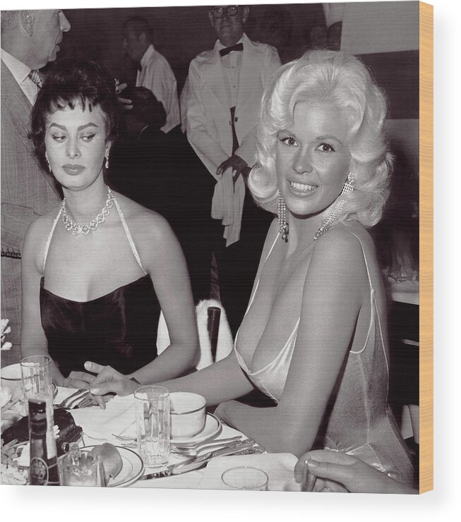 Jayne Mansfield Wood Print featuring the photograph Sophia Loren and Jayne Mansfield 1957 by Doc Braham