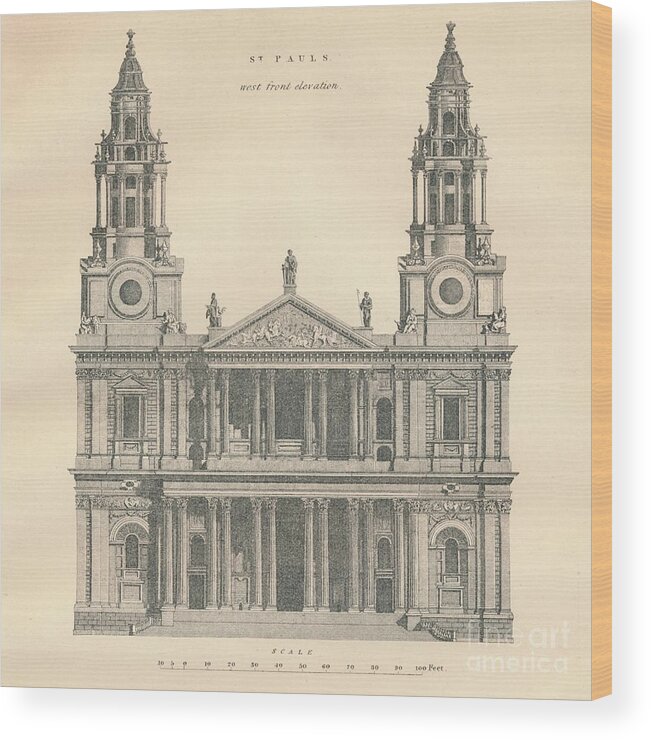 Engraving Wood Print featuring the drawing St Pauls - West Front Elevation 1 by Print Collector