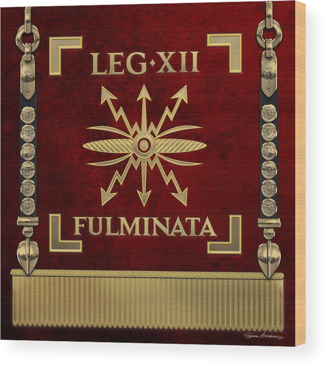‘rome’ Collection By Serge Averbukh Wood Print featuring the digital art Standard of the 12th Legion Fulminata - Vexillum of Thunderbolt Twelfth Legion by Serge Averbukh