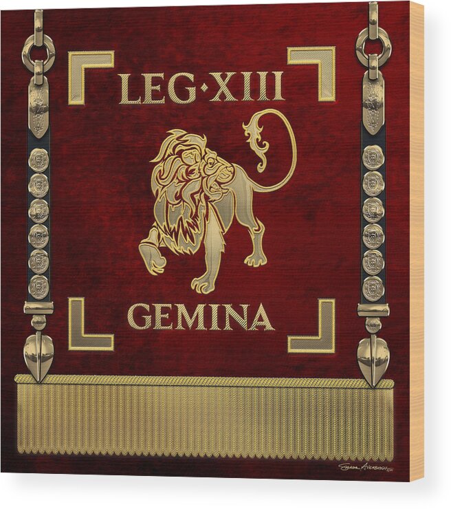 ‘rome’ Collection By Serge Averbukh Wood Print featuring the digital art Standard of the 13th Legion Geminia - Vexillum of 13th Twin Legion by Serge Averbukh