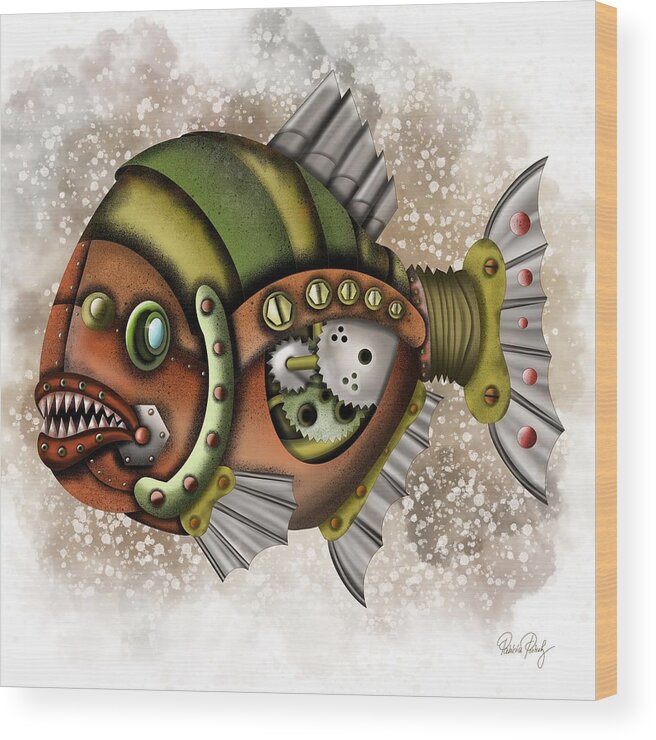 Steampunk Wood Print featuring the painting Steampunk Fish by Patricia Piotrak