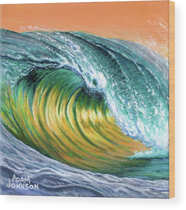 Surf Wood Print featuring the painting Surf into the Sunset by Adam Johnson