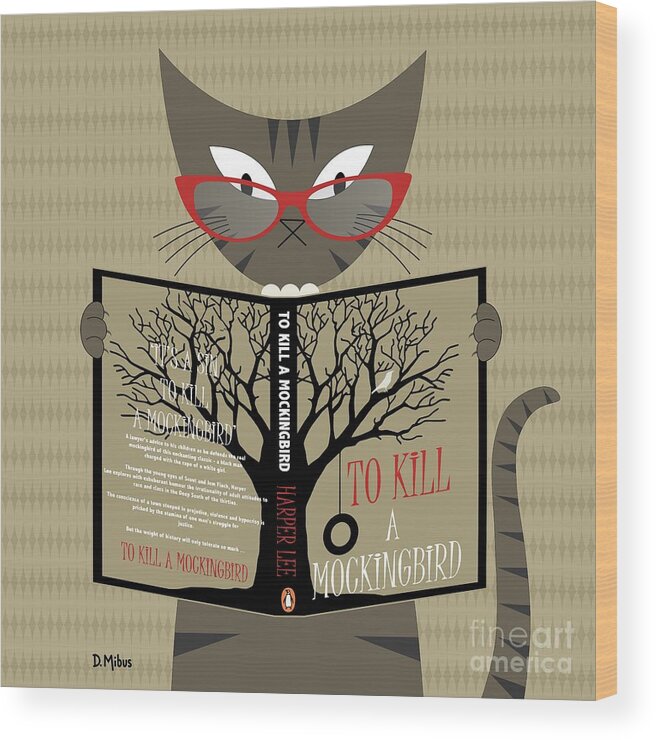 Mid Century Modern Wood Print featuring the digital art Tabby Cat Reading by Donna Mibus