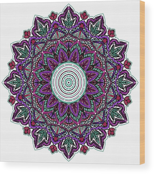 Teal Purple Scribble Mandala Wood Print featuring the mixed media Teal Purple Scribble Mandala by Delyth Angharad