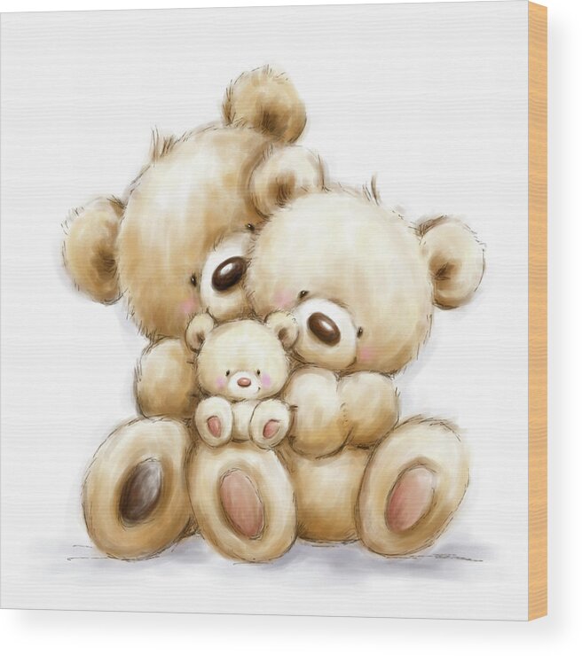 Teddy Family Wood Print featuring the mixed media Teddy Family by Makiko