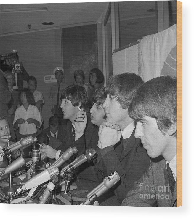 People Wood Print featuring the photograph The Beatles At A Press Conference by Bettmann