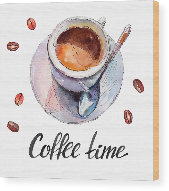 Watercolor Painting Wood Print featuring the digital art The Coffee Cup With Beans And Lettering by Viktor Kashin