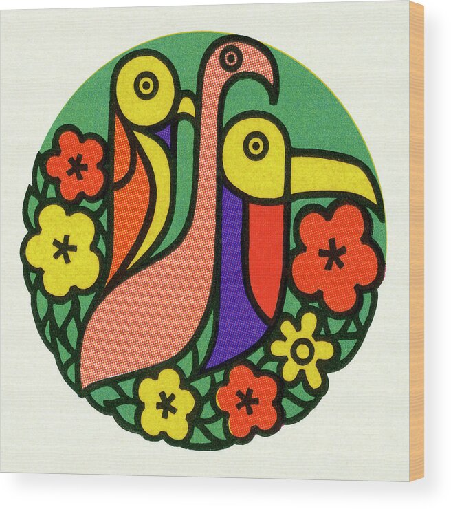 Abstract Wood Print featuring the drawing Three Colorful Birds by CSA Images