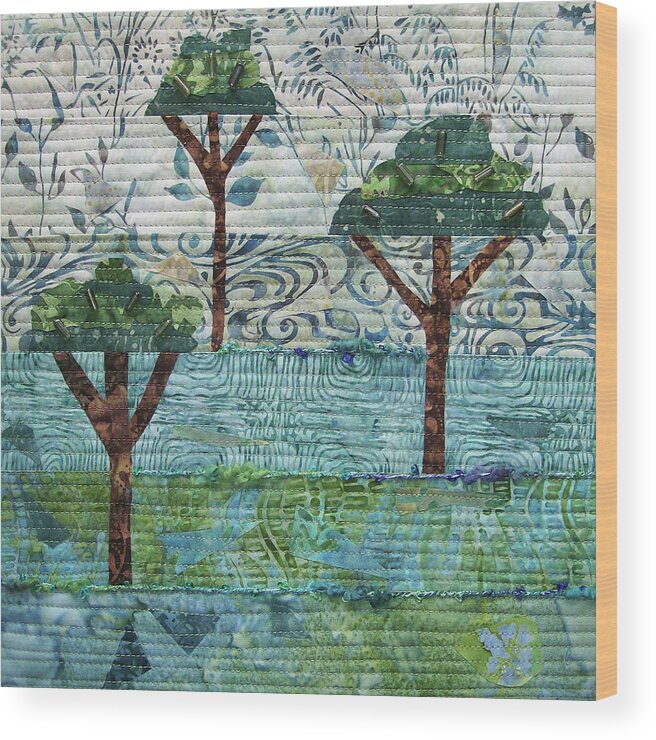 Art Quilt Wood Print featuring the tapestry - textile Three Trees by Pam Geisel