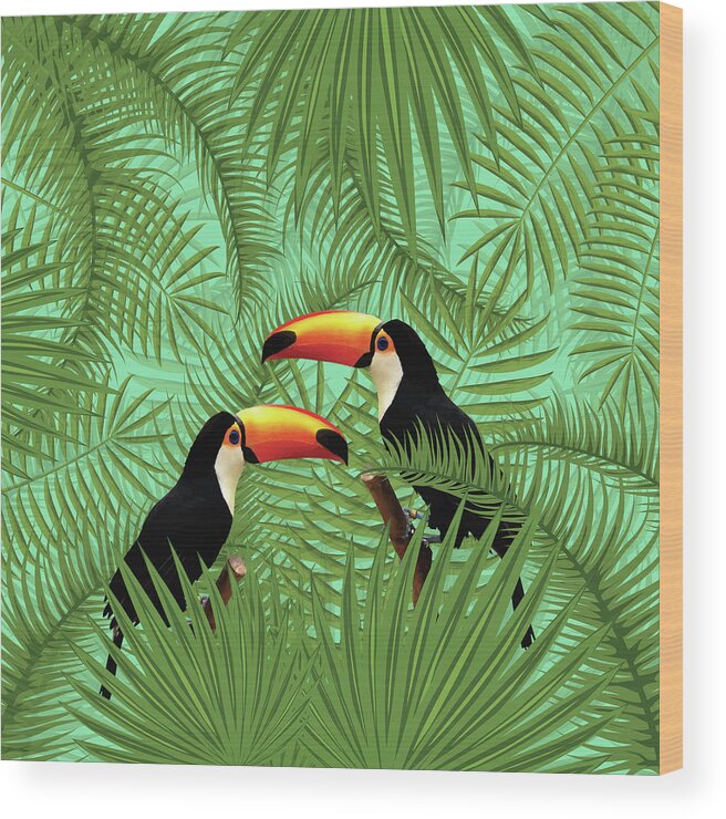 Tropical Wood Print featuring the mixed media Tropical Forest - Toucan birds - Tropical Palm Leaf Pattern - Leaf Pattern - Tropical Print 1 by Studio Grafiikka