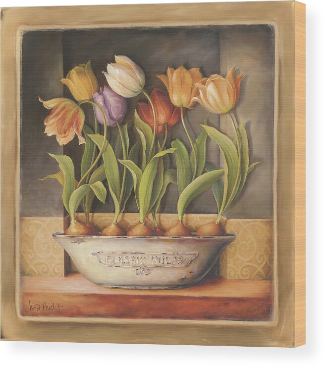 Tulips In An Oval Bowl Wood Print featuring the painting Tulip Classic Bulb by Lisa Audit