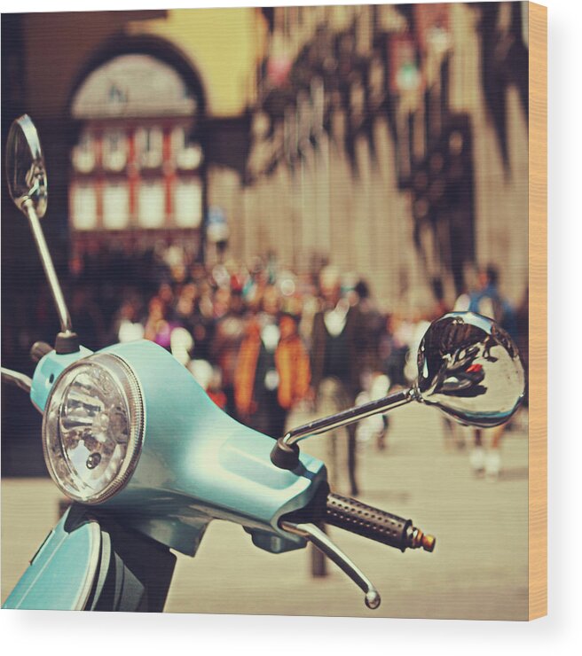 Outdoors Wood Print featuring the photograph Turquoise Vespa In Madrid by Julia Davila-lampe