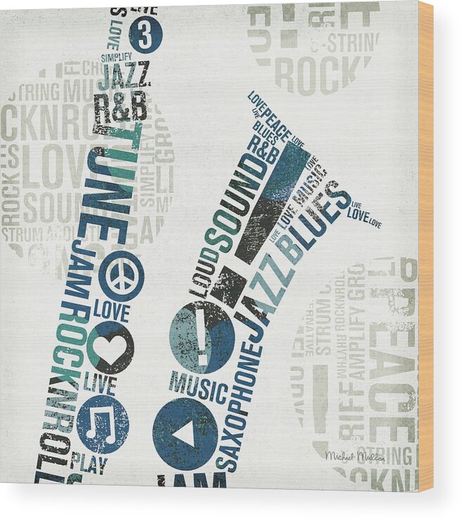 Blue Wood Print featuring the painting Type Sax Colorful Square by Michael Mullan