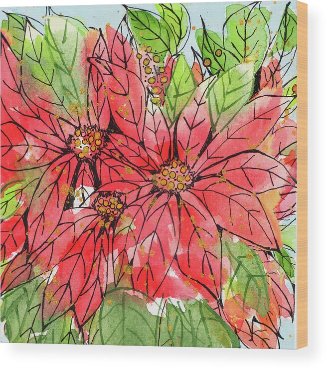 Poinsettia Wood Print featuring the painting Vibrant Poinsettias II by Krinlox