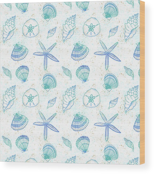 Pattern Wood Print featuring the painting Vibrant Seashell Pattern White Background by Jen Montgomery