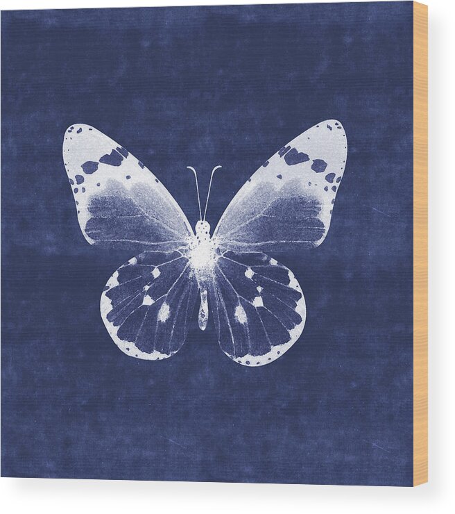 Butterfly White Blue Indigo Skeleton Butterfly Wings Modern Bohemianinsect Bug Garden Home Decorairbnb Decorliving Room Artbedroom Artcorporate Artset Designgallery Wallart By Linda Woodsart For Interior Designersgreeting Cardpillowtotehospitality Arthotel Artart Licensing Wood Print featuring the mixed media White and Indigo Butterfly 1- Art by Linda Woods by Linda Woods