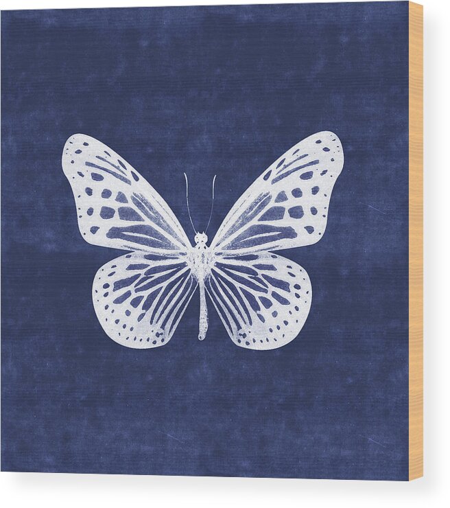 Butterfly Wood Print featuring the mixed media White and Indigo Butterfly- Art by Linda Woods by Linda Woods