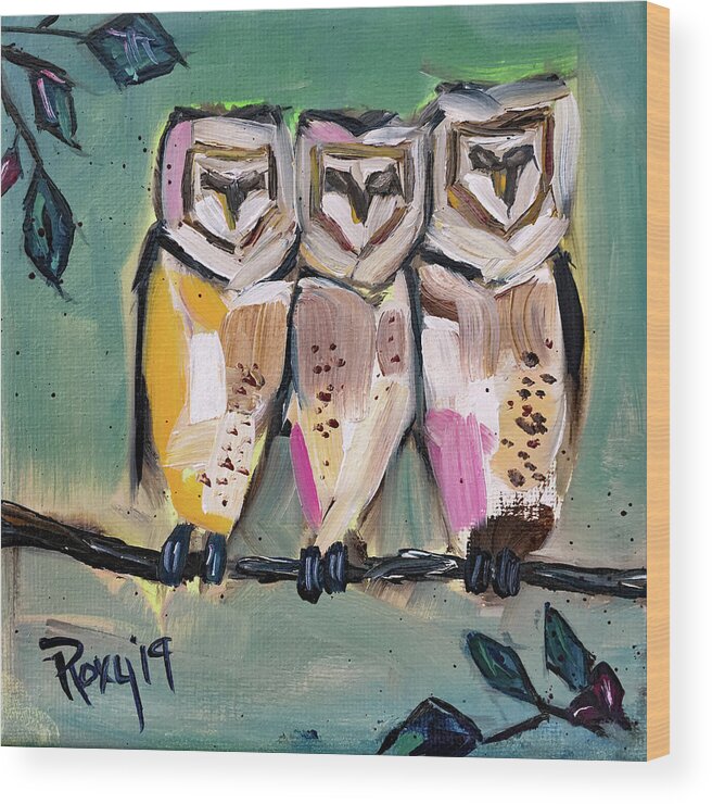 Owls Wood Print featuring the painting White Owls by Roxy Rich