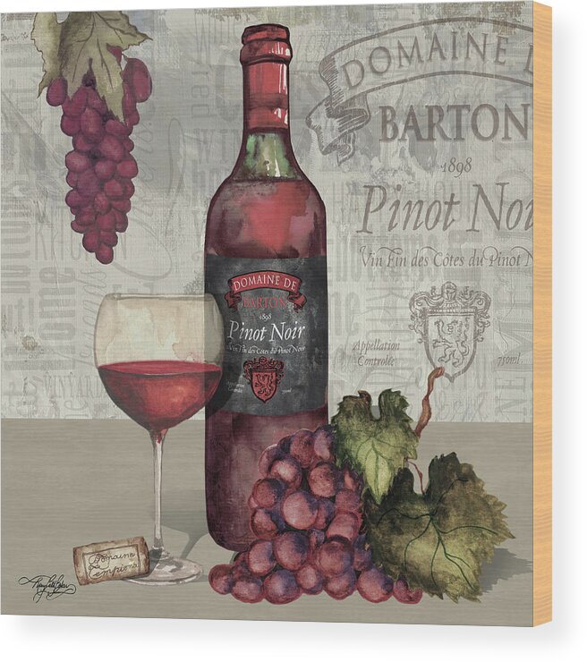 Wine Wood Print featuring the painting Wine And Grapes I by Mary Beth Baker