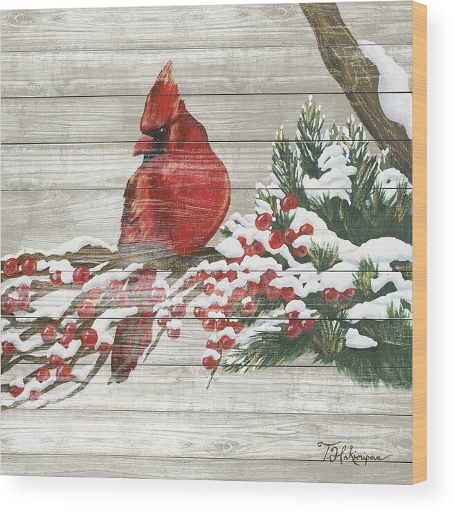 Winter Wood Print featuring the painting Winter Red Bird On Wood I by Tiffany Hakimipour