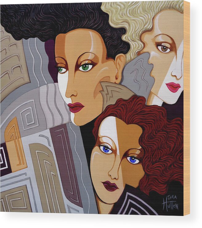 Art Deco Wood Print featuring the painting Woman Times Three by Tara Hutton