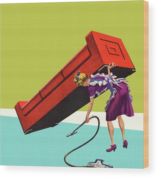 Adult Wood Print featuring the drawing Woman Vacuuming Under a Sofa by CSA Images