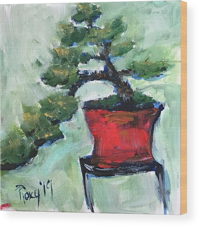 Bonsai Wood Print featuring the painting Bonsai in a Red Pot #1 by Roxy Rich