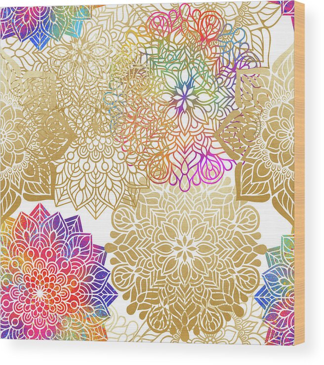 Mandala Wood Print featuring the digital art Colorful Gold Mandala Pattern by Sambel Pedes